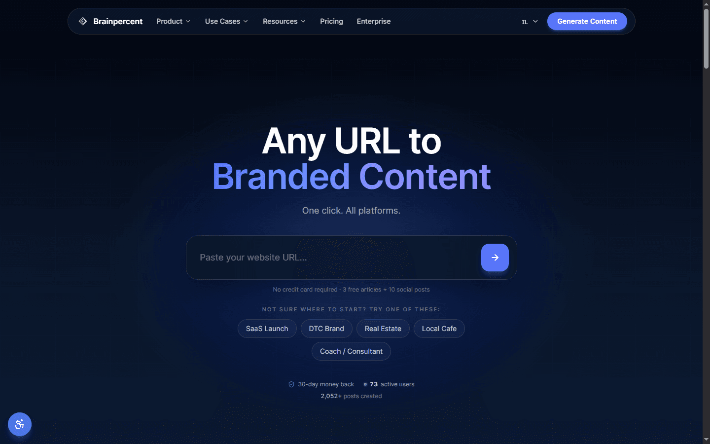 Brainpercent landing page hero — Any URL to Branded Content