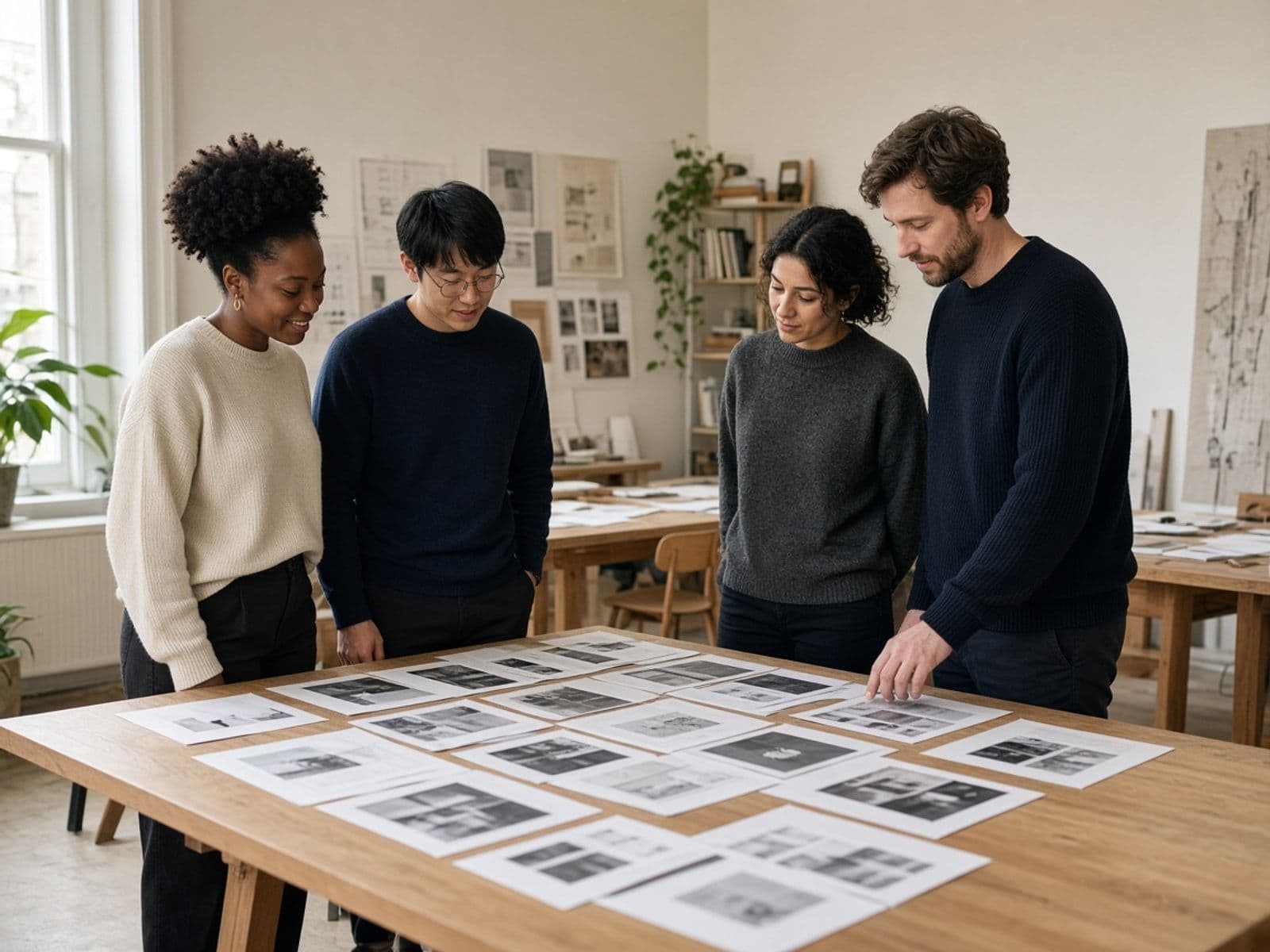 A marketing team standing together in an open office
